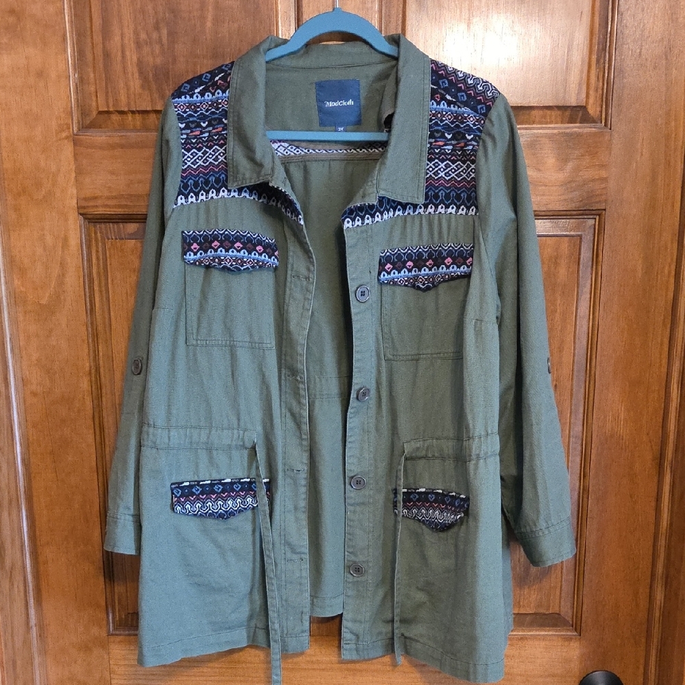 EUC Modcloth Olive Green Jacket with Patterned Trim